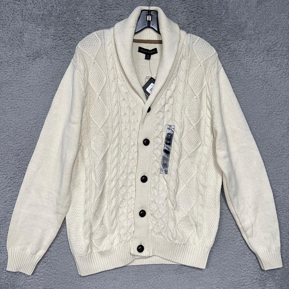 NWT Tricots St Raphael Cardigan Sweater Men's M Cable Knit Shawl Collar Grandpa